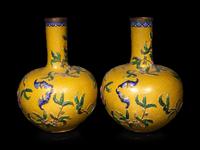 A Large Pair of Chinese Yellow Ground Cloisonné Enamel 'Peach' Tianqiuping Vases