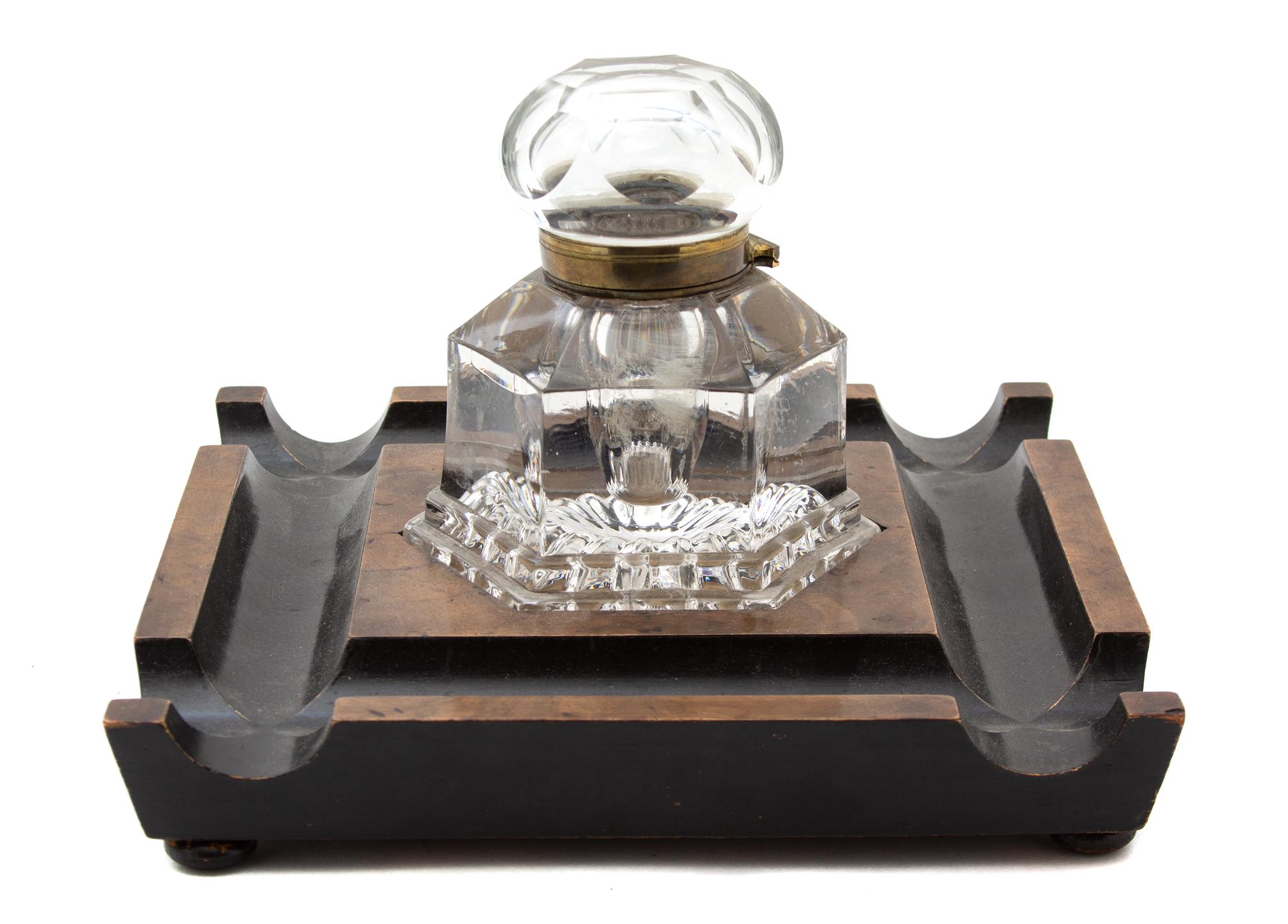 An English Walnut, Parcel Ebonized and Cut Glass Inkwell Height 6 3/4 x 10 1/4 inches square. — 19TH CENTURY
