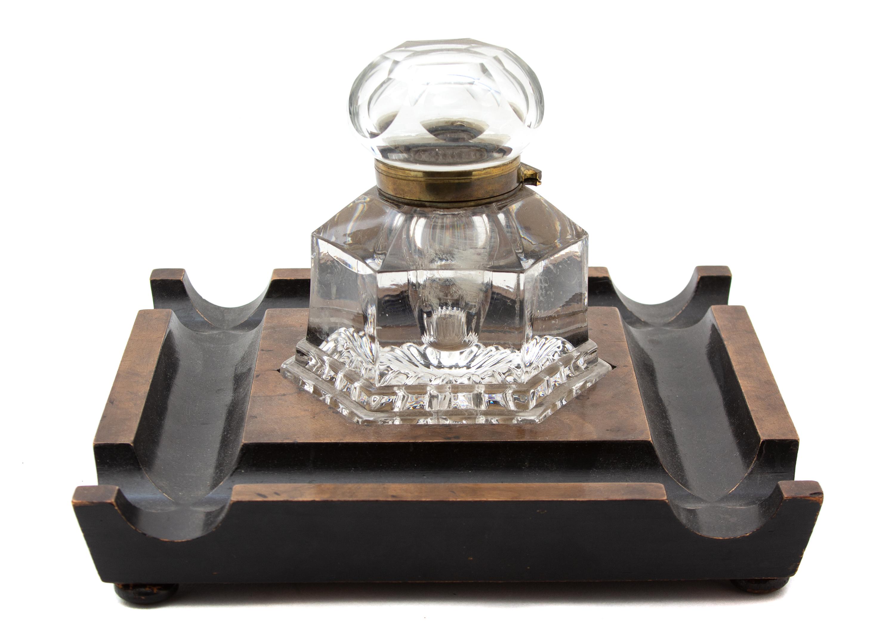An English Walnut, Parcel Ebonized and Cut Glass Inkwell Height 6 3/4 x 10 1/4 inches square. — 19TH CENTURY