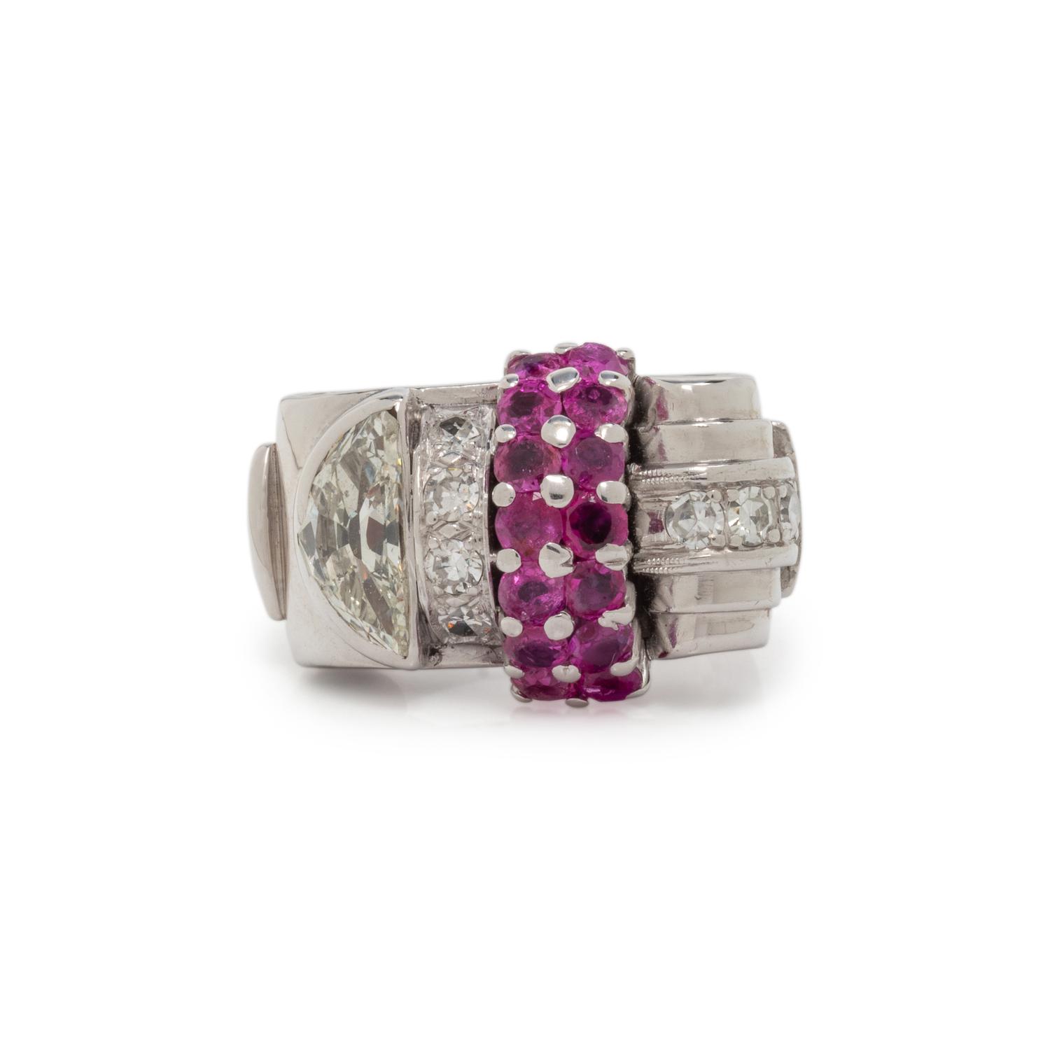 RETRO, WHITE GOLD, DIAMOND AND RUBY RING