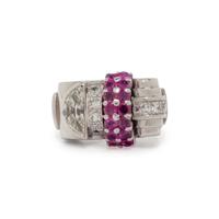 RETRO, WHITE GOLD, DIAMOND AND RUBY RING