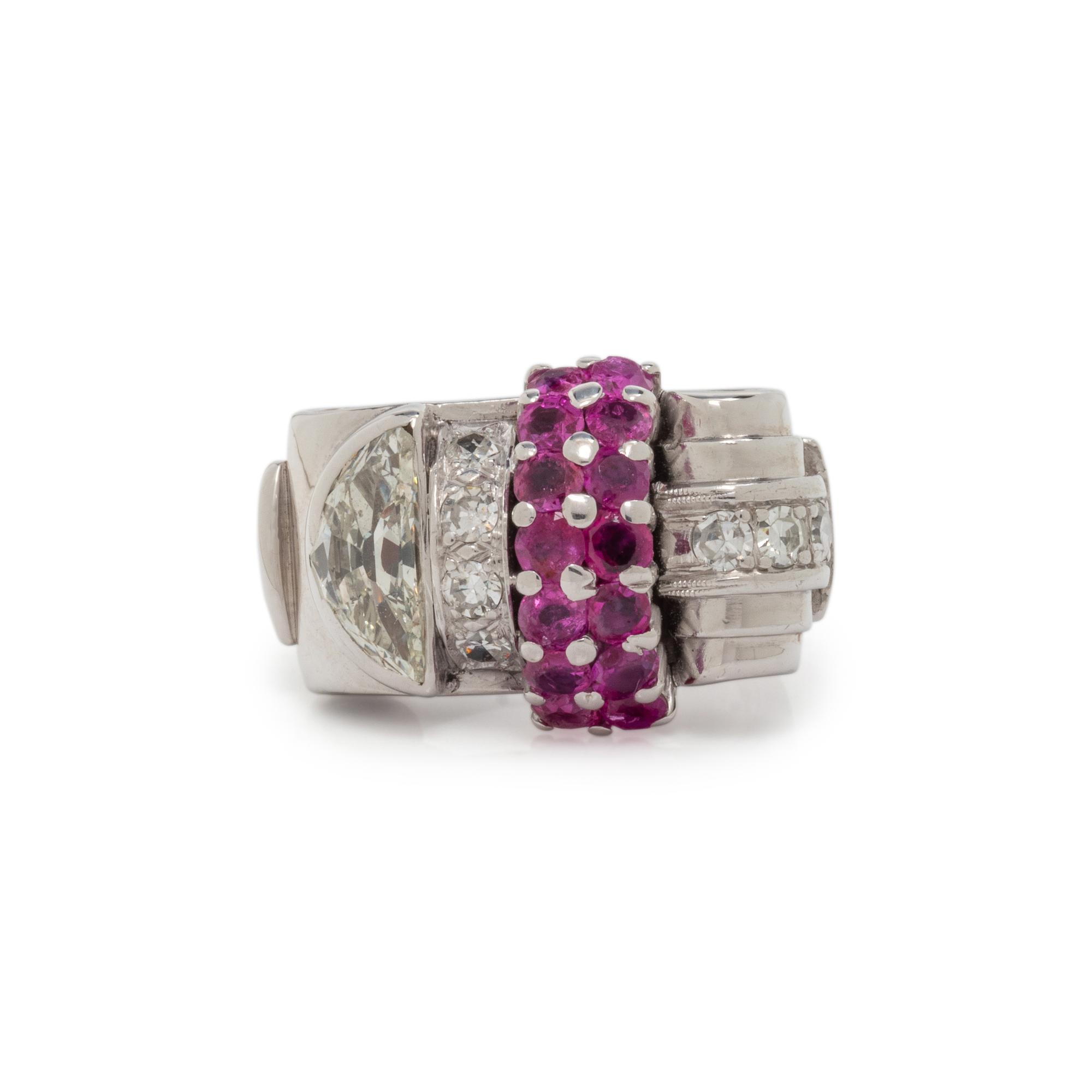 RETRO, WHITE GOLD, DIAMOND AND RUBY RING