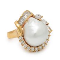 Cultured Pearl, Diamond, and Yellow Gold Ring
