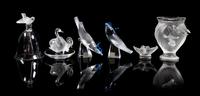 Lalique, a group of six molded and frosted glass bird motif table articles, comprising a vase, a bell, a ring tray and three figures