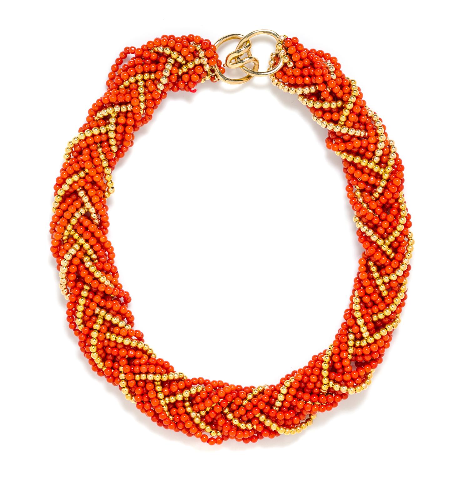An 18 Karat Yellow Gold and Coral Bead Torsade Necklace, 57.08 dwts.
