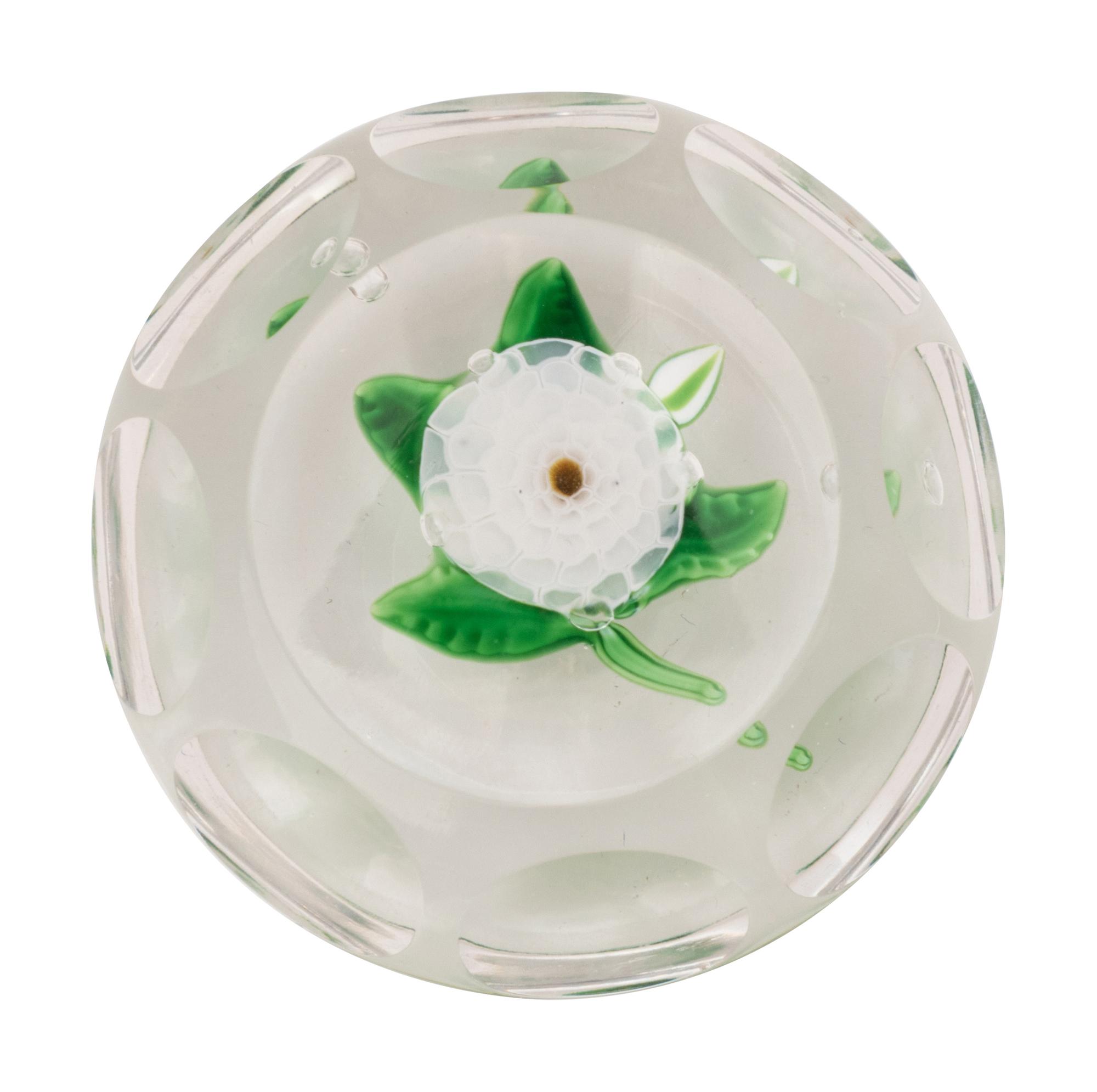 A Miniature White Pompon Faceted Glass Paperweight