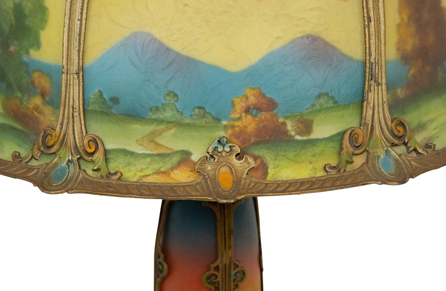 Two Gilt Metal Table Lamps with Reverse Painted Glass Shades