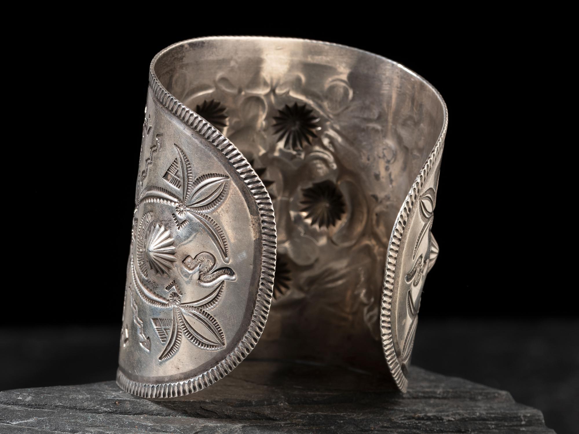 Large Navajo Fred Harvey Era Heavily Stamped Silver Cuff Bracelet