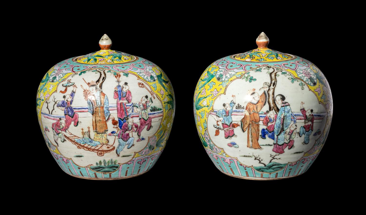 A Pair of Chinese Yellow Ground Famille Rose Porcelain Covered Jar