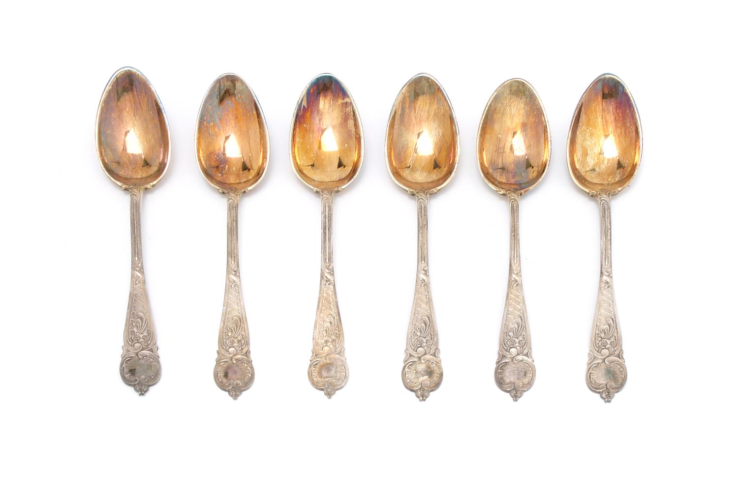 A Set of Six German Silver Demitasse Spoons, Length 4 1/8 inches.