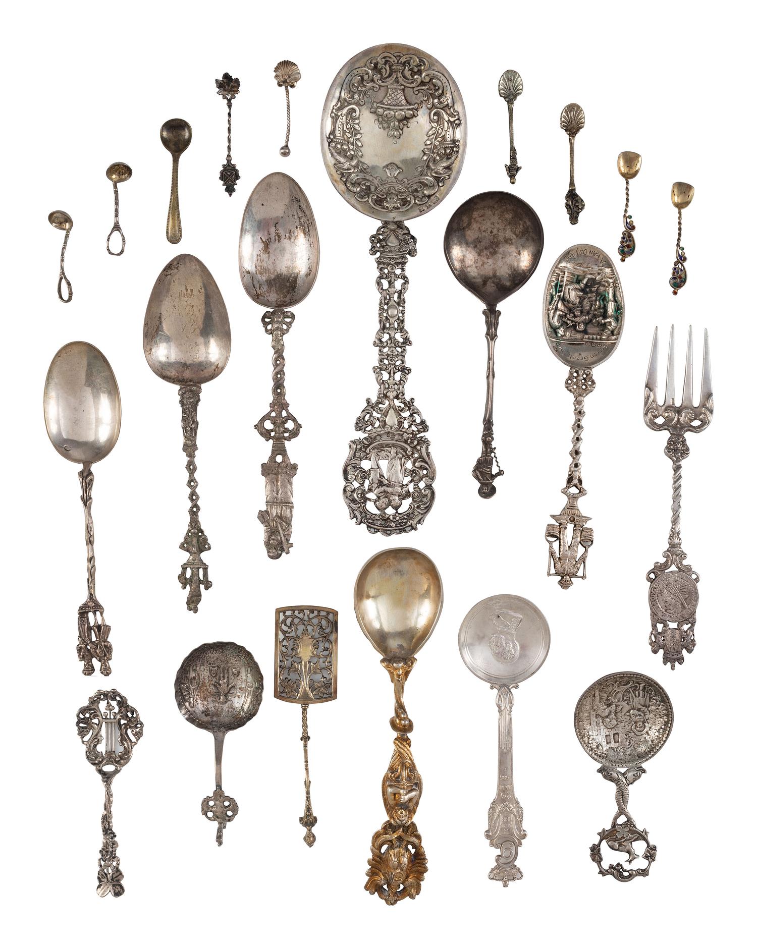 Twenty-Two Silver, Gilt and Enamel Souvenir and Serving Spoons and a Fork