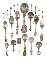Twenty-Two Silver, Gilt and Enamel Souvenir and Serving Spoons and a Fork