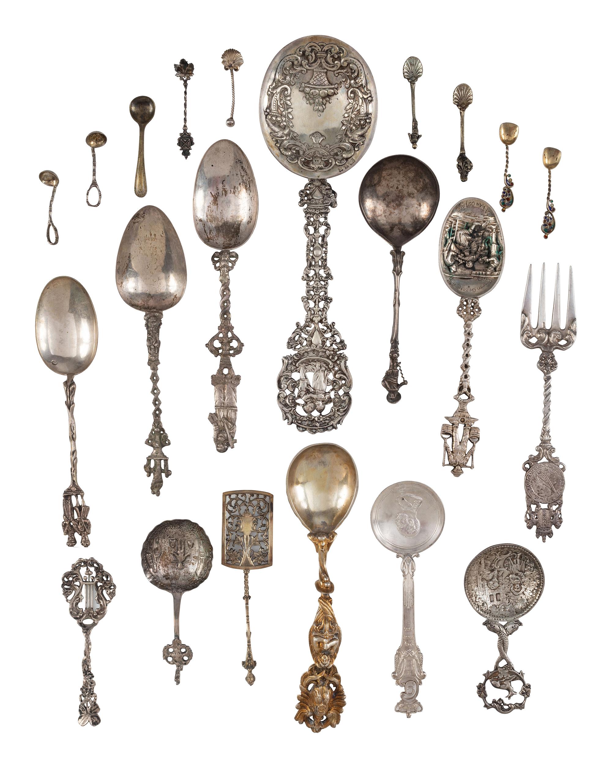 Twenty-Two Silver, Gilt and Enamel Souvenir and Serving Spoons and a Fork