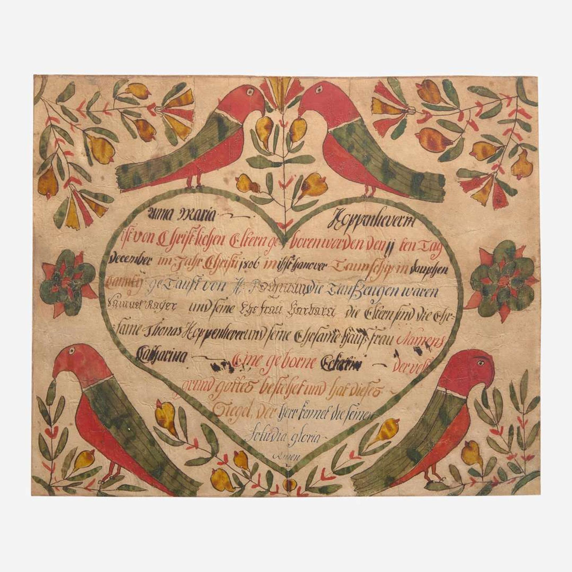 A Fraktur birth record for Anna Maria Koppenhever, Dauphin County Johann Conrad Trevitts (active 1775-1825)