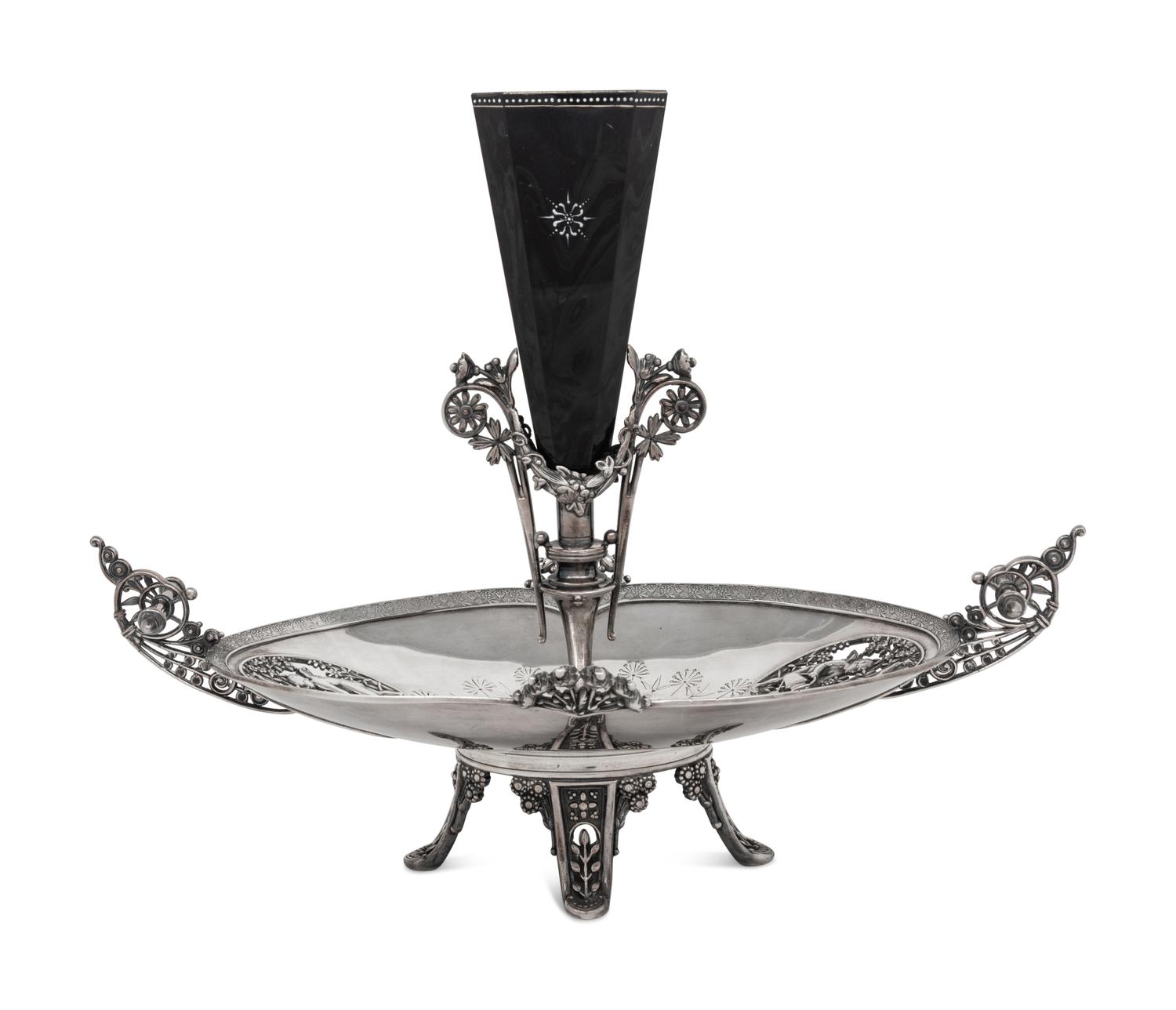 A Victorian Silver-Plate and Enameled Glass Epergne