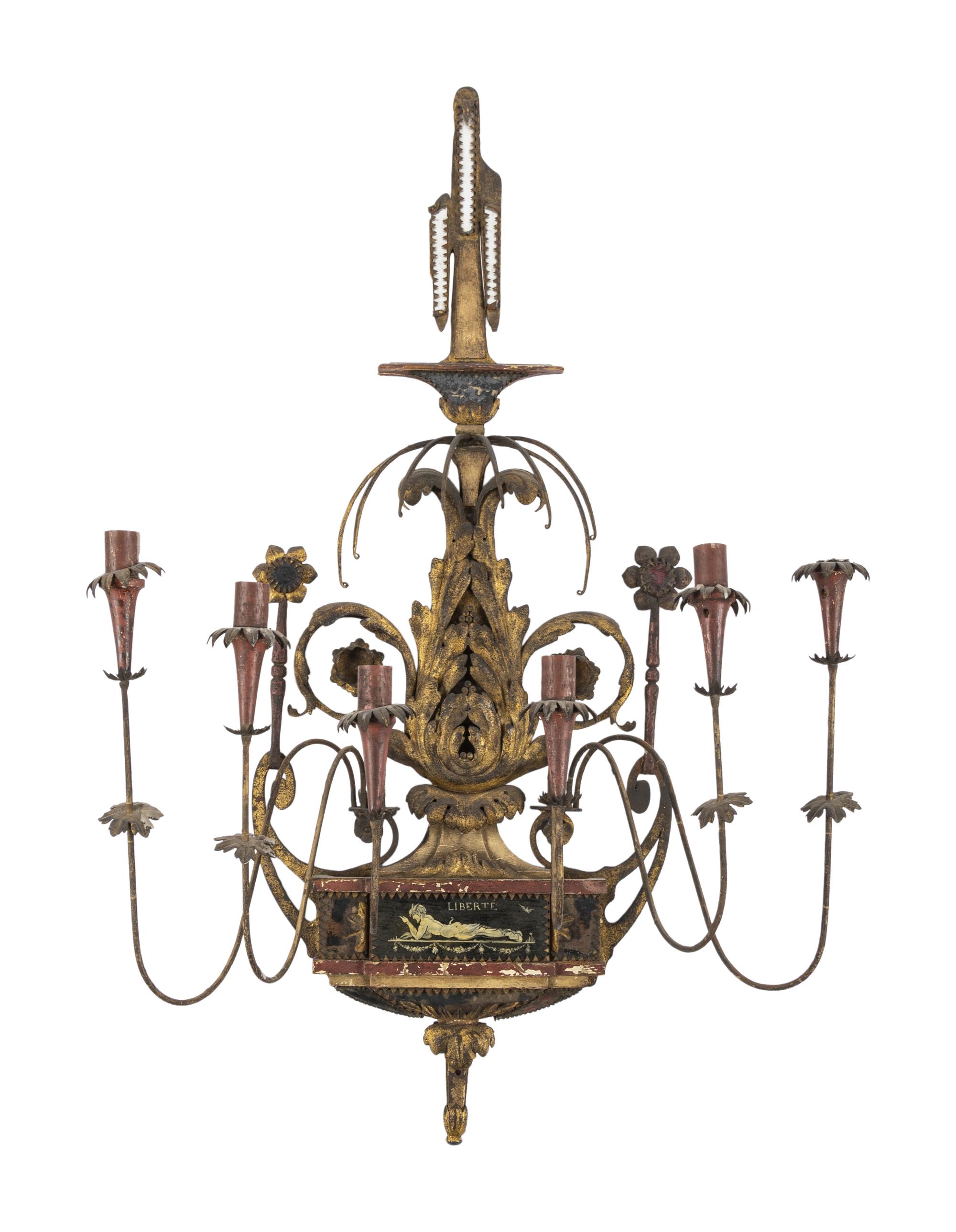 A Pair of Large French or Italian Tole Six-Light Sconces