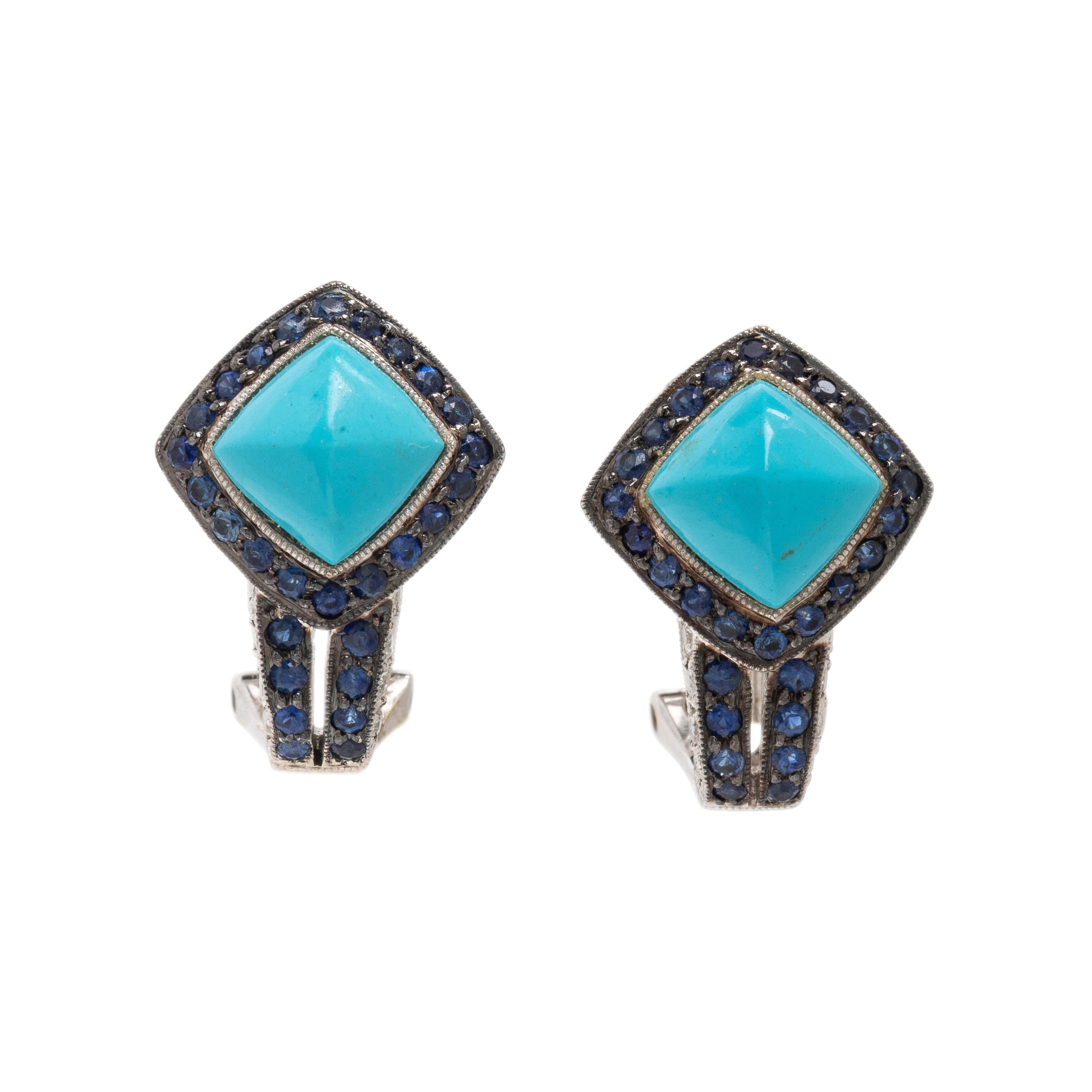 Synthetic Turquoise, Sapphire, and Diamond Earrings