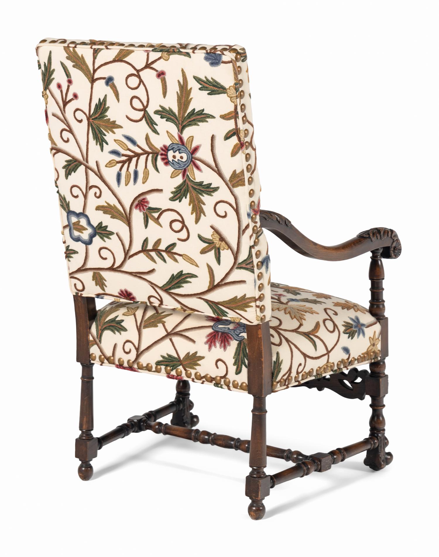 A William and Mary Style Walnut Armchair with Crewelwork Upholstery