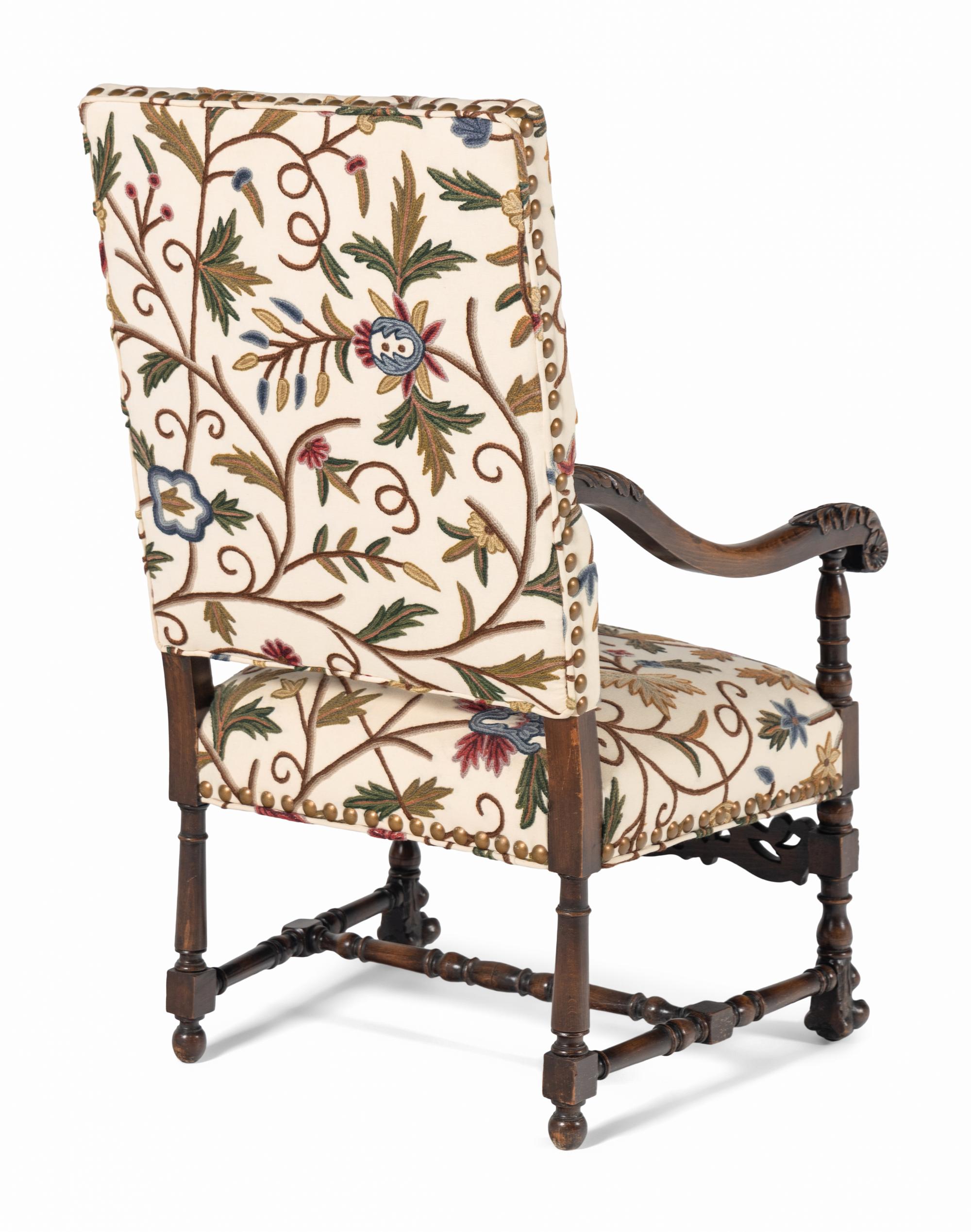 A William and Mary Style Walnut Armchair with Crewelwork Upholstery