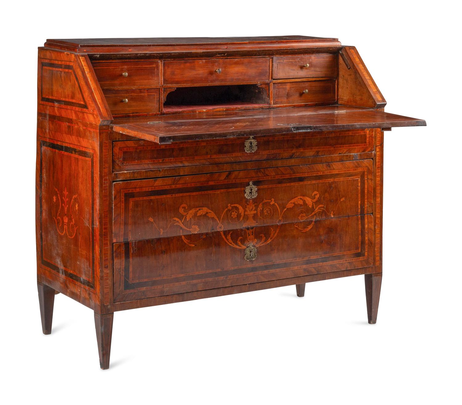 An Italian Walnut and Marquetry Slant-Front Bureau