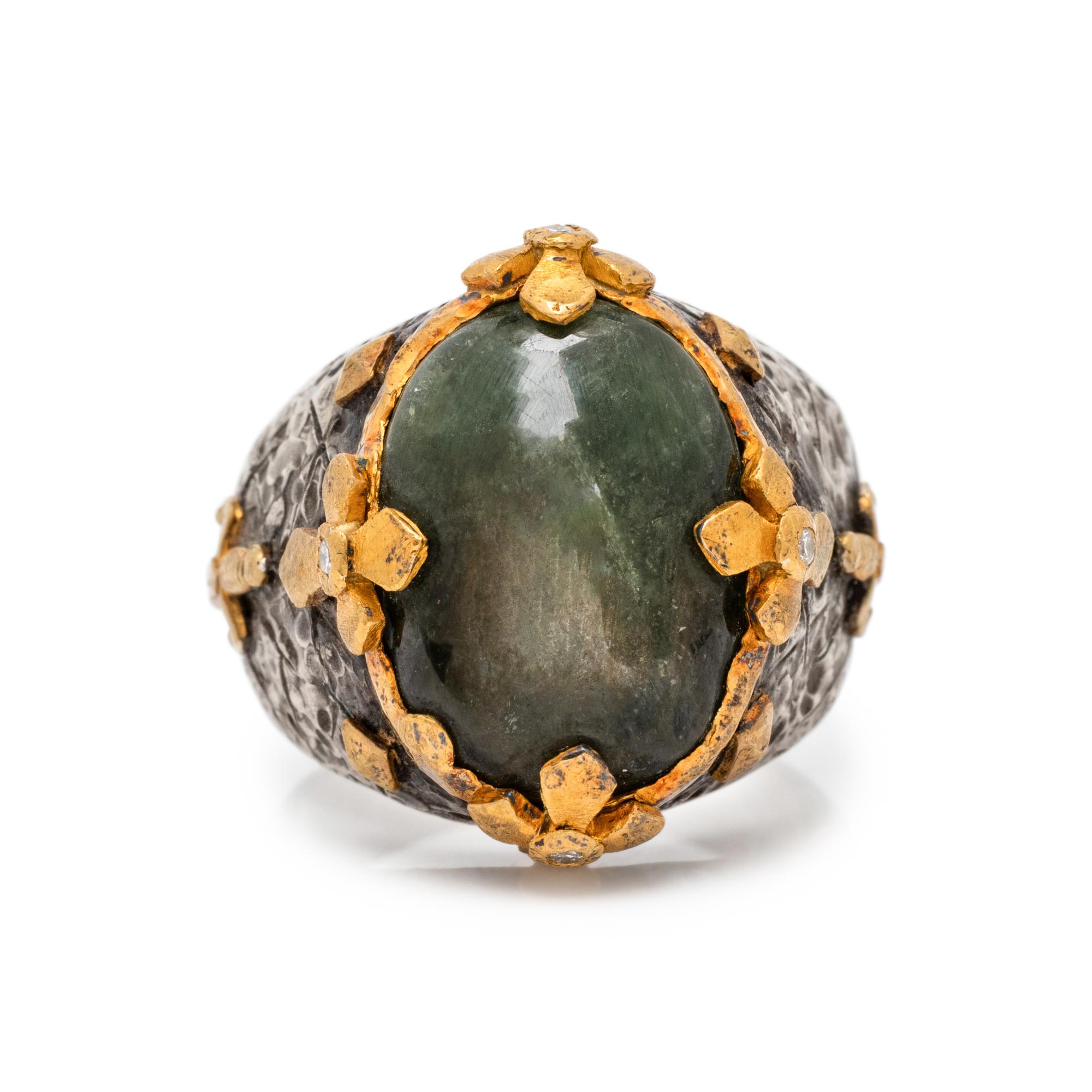 VICTOR VELYAN, GREEN SAPPHIRE, DIAMOND, SILVER, AND HIGH KARAT GOLD RING