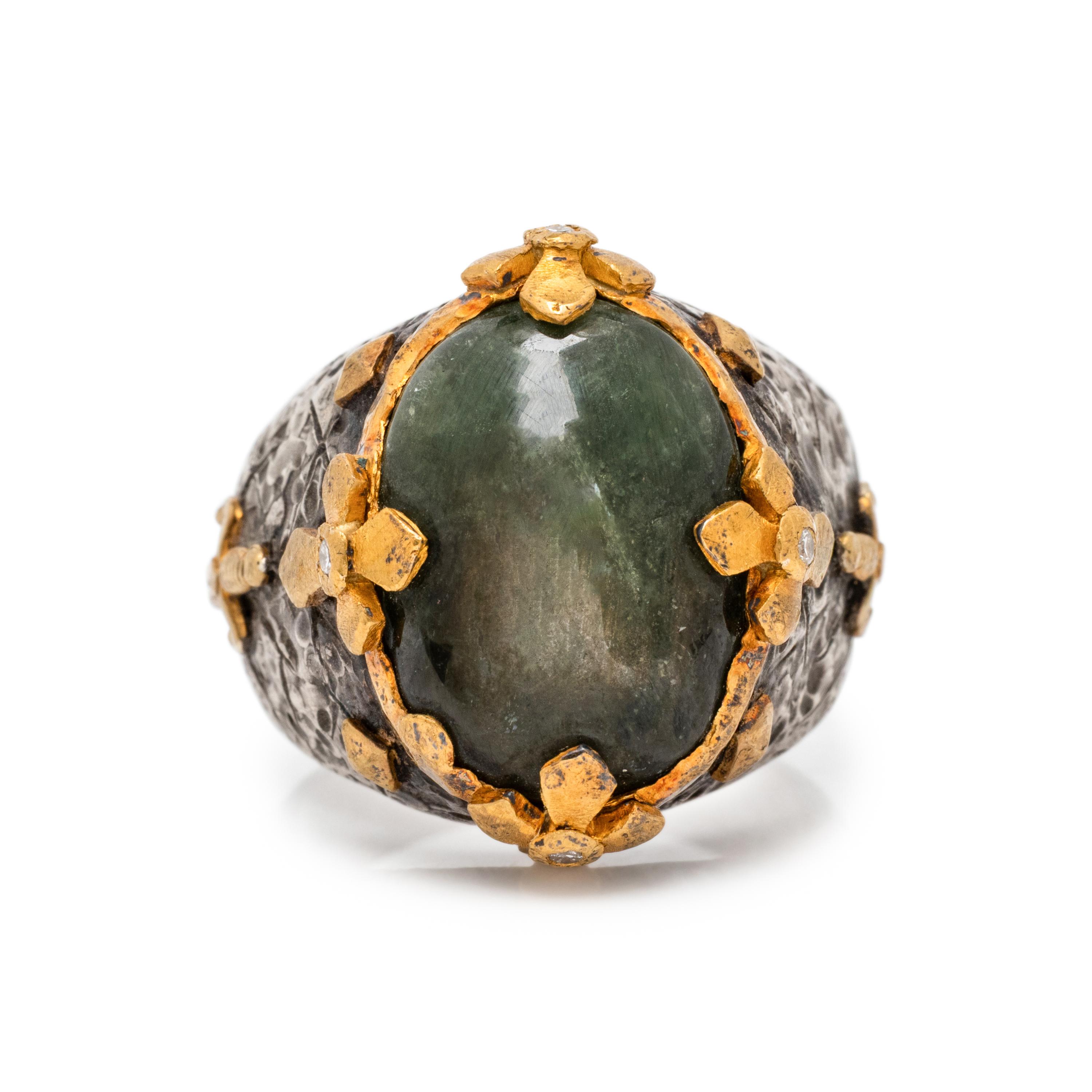 VICTOR VELYAN, GREEN SAPPHIRE, DIAMOND, SILVER, AND HIGH KARAT GOLD RING