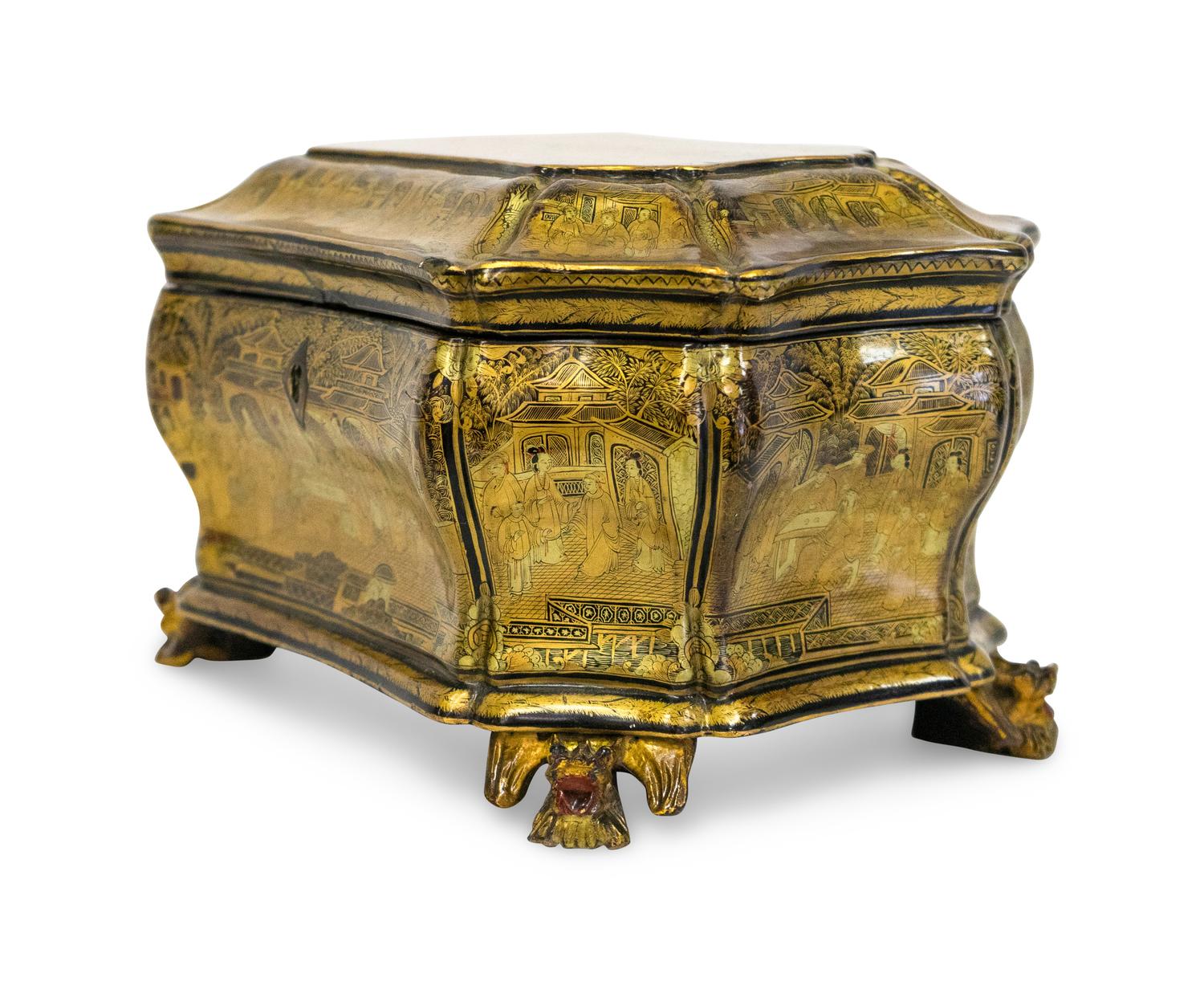 A Chinese Export Black Lacquer Gilt Decorated Tea Caddy