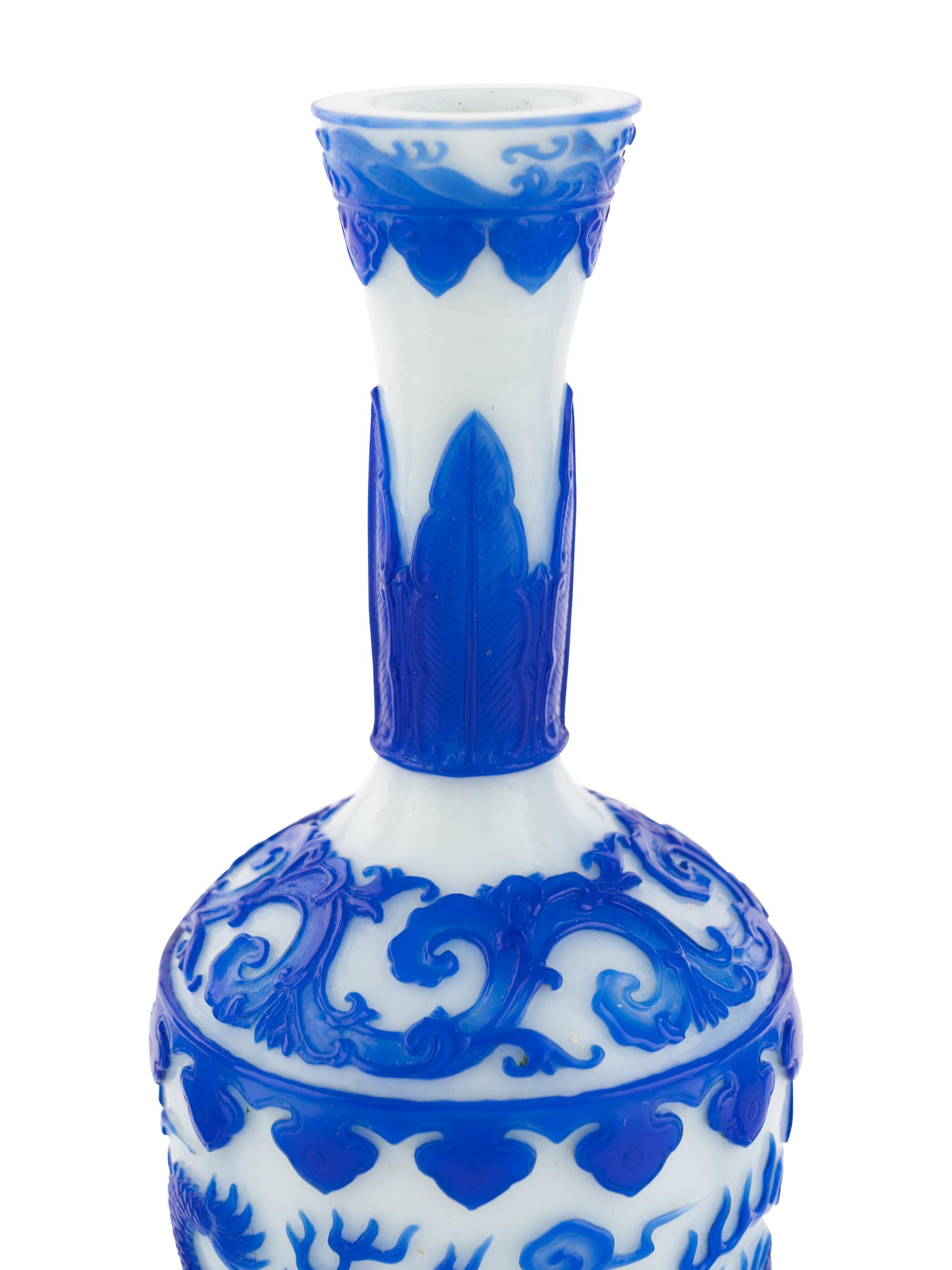 Two Pairs of Chinese Blue Overlay Opaque White Peking Glass Vases