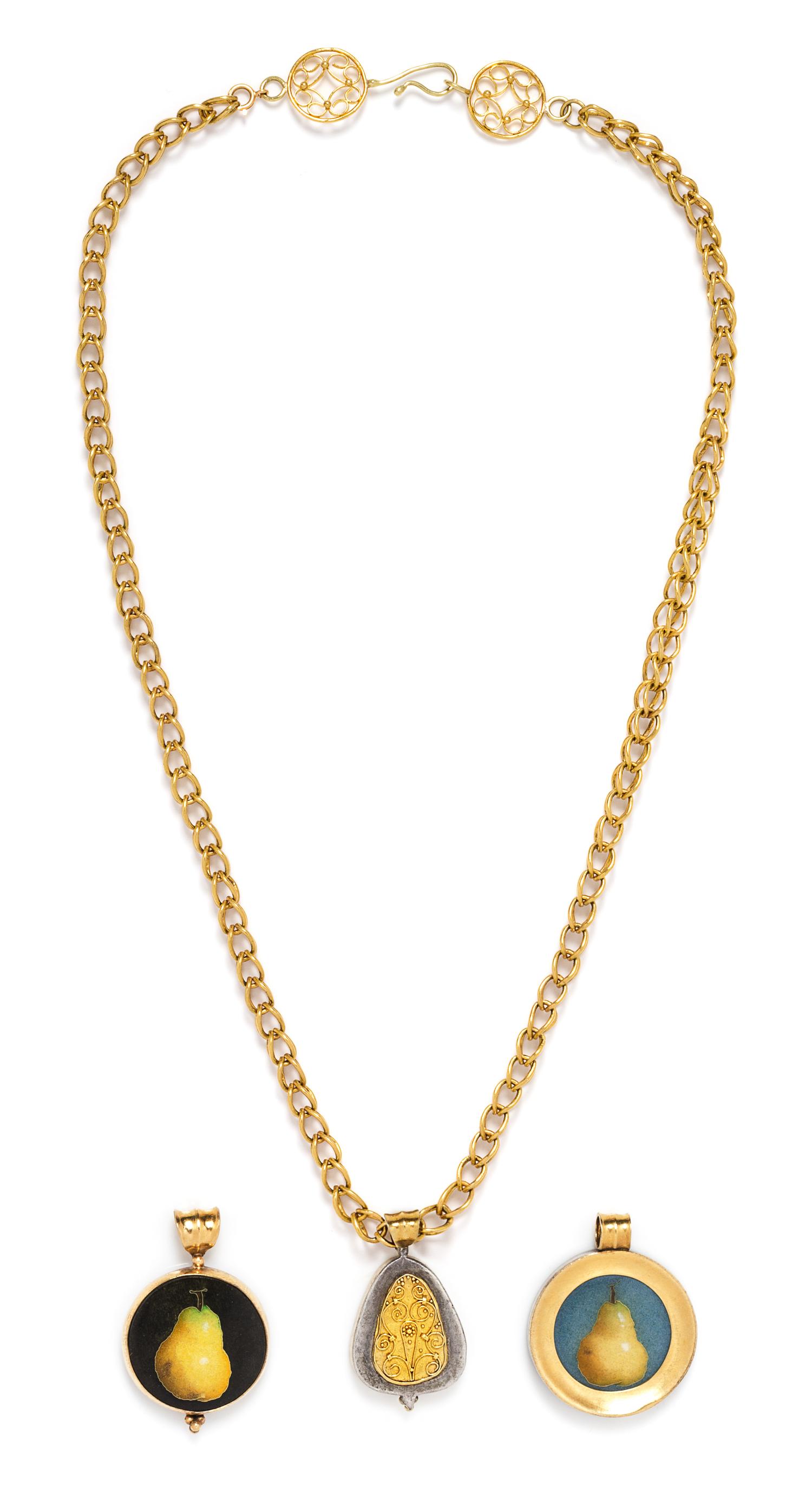 A Collection of 22 Karat Yellow Gold, Silver and Polychrome Enamel Pear Pendants, Robert Kulicke, 75.40 dwts.
