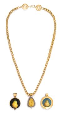 A Collection of 22 Karat Yellow Gold, Silver and Polychrome Enamel Pear Pendants, Robert Kulicke, 75.40 dwts.