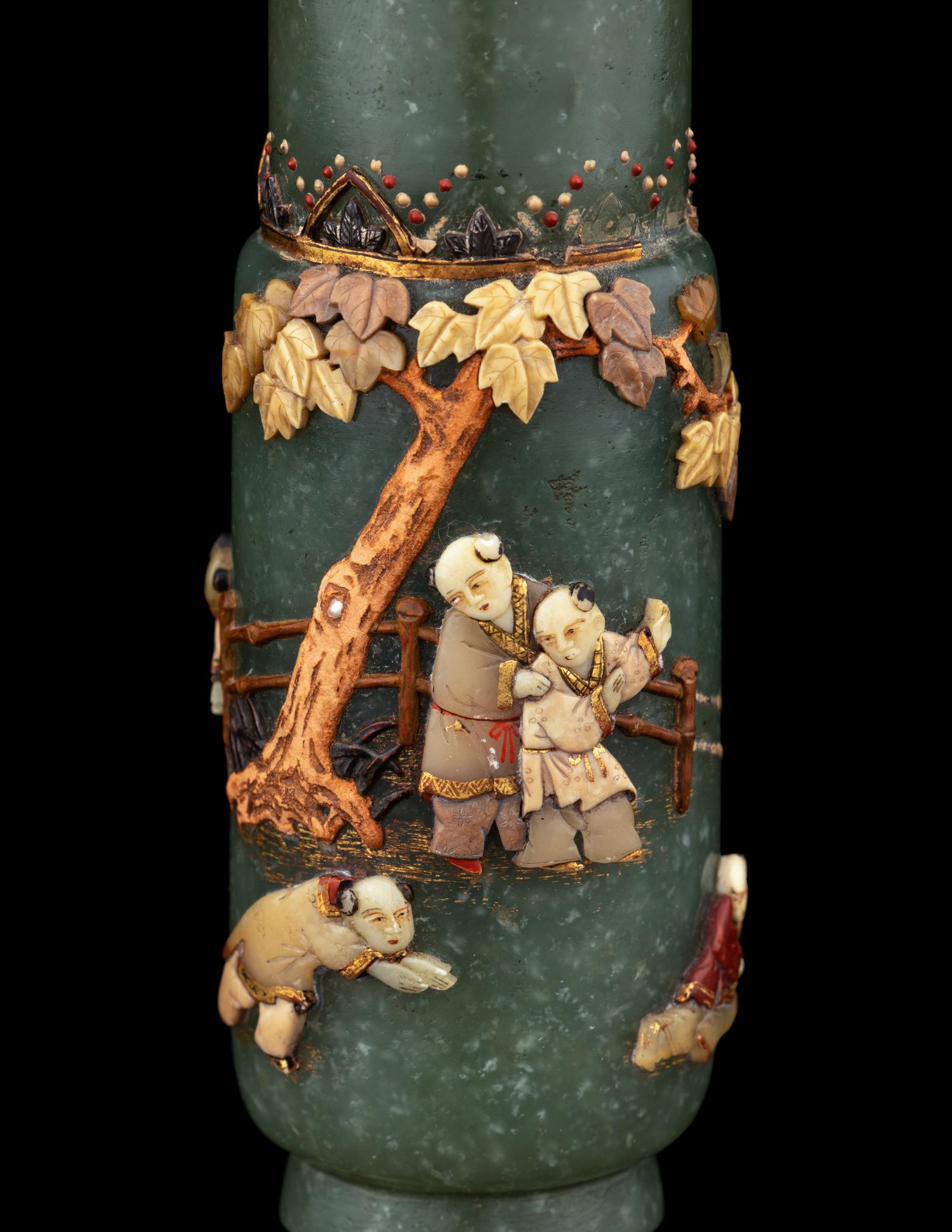 A Hardstone Embellished Spinach Jade Incense Vase