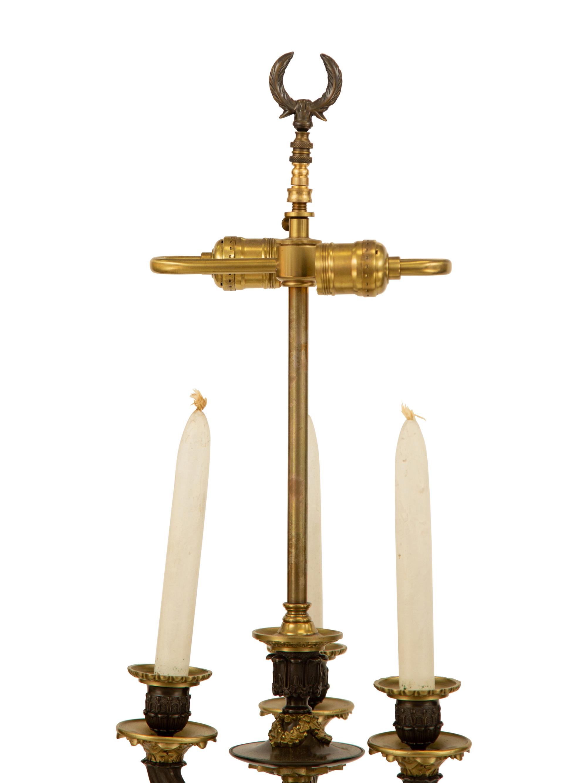 A Pair of Empire Style Ebonized and Gilt Bronze Four-Light Candelabra Mounted as Lamps — 19th/20th Century
