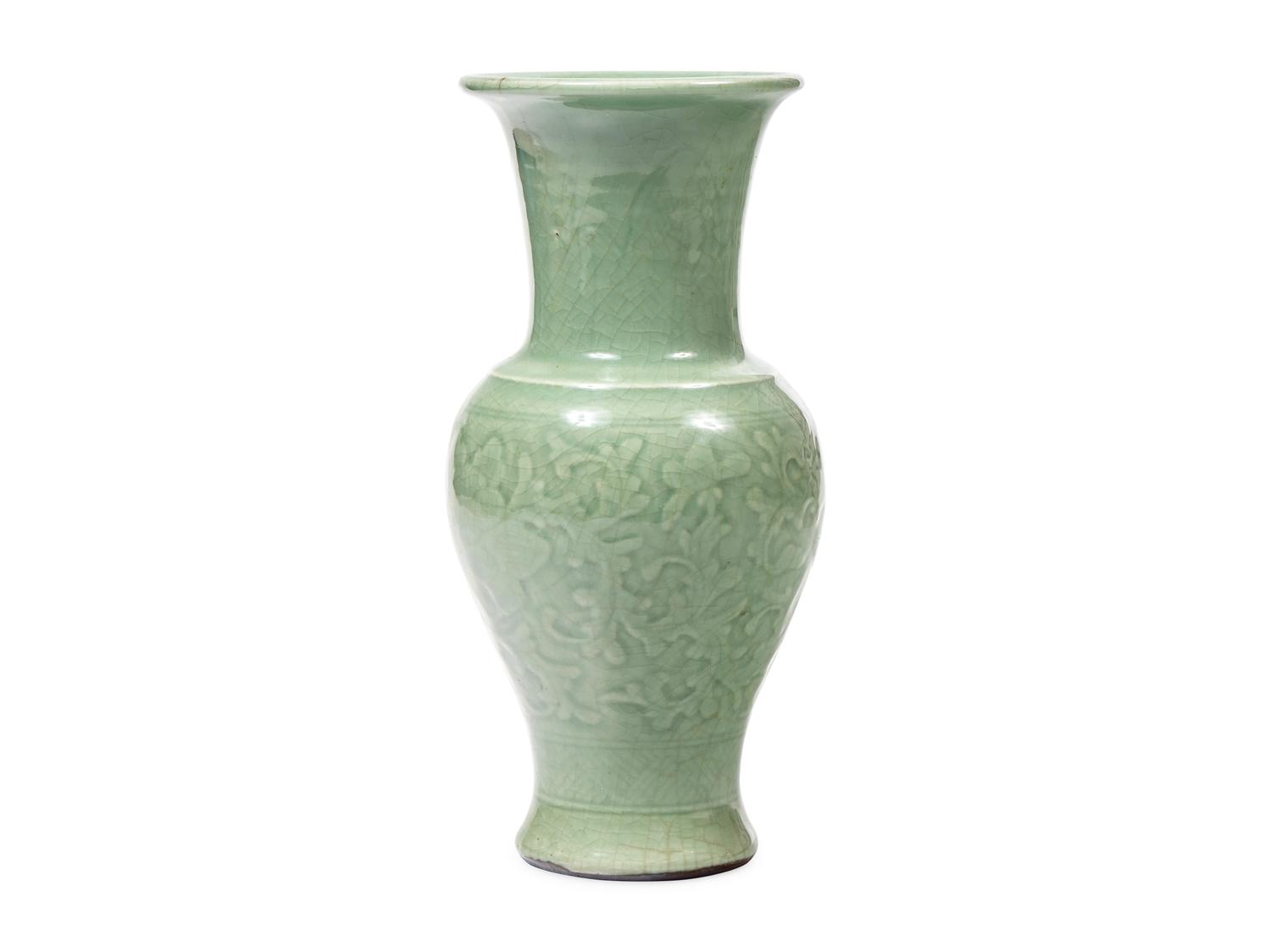 A Chinese Carved Celadon Glazed Vase, Probably Late 19th Century