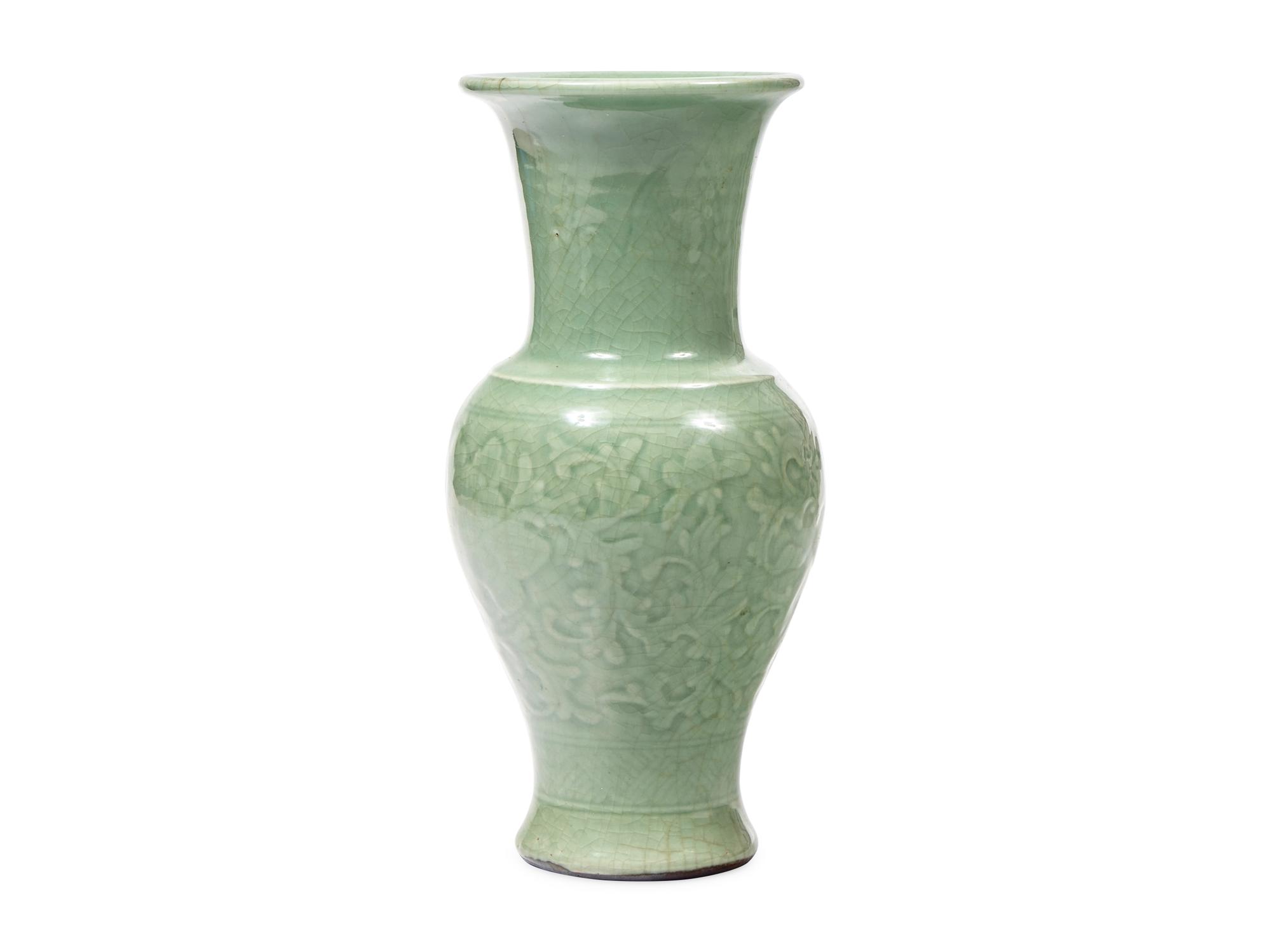 A Chinese Carved Celadon Glazed Vase, Probably Late 19th Century