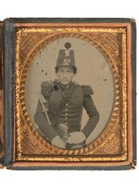 [CIVIL WAR]. Ruby ambrotype portrait of a militiaman wearing 1851 shako with pompon and letters "WR"