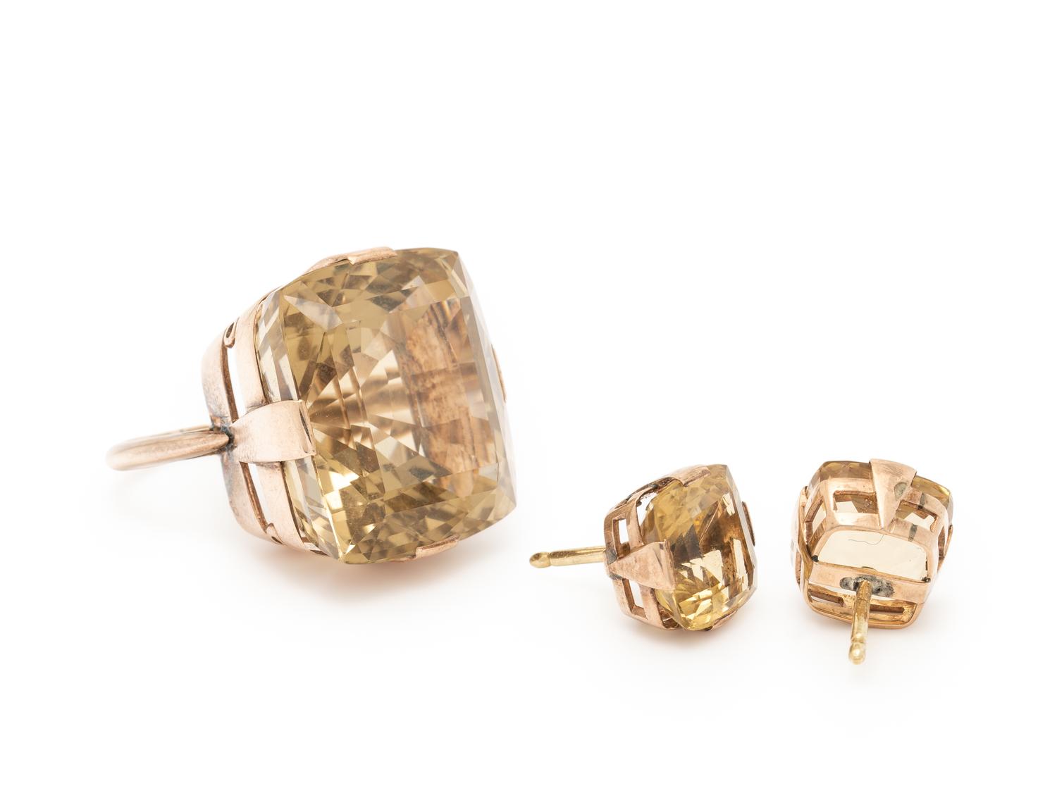 RETRO, CITRINE AND ROSE GOLD RING AND EARRINGS