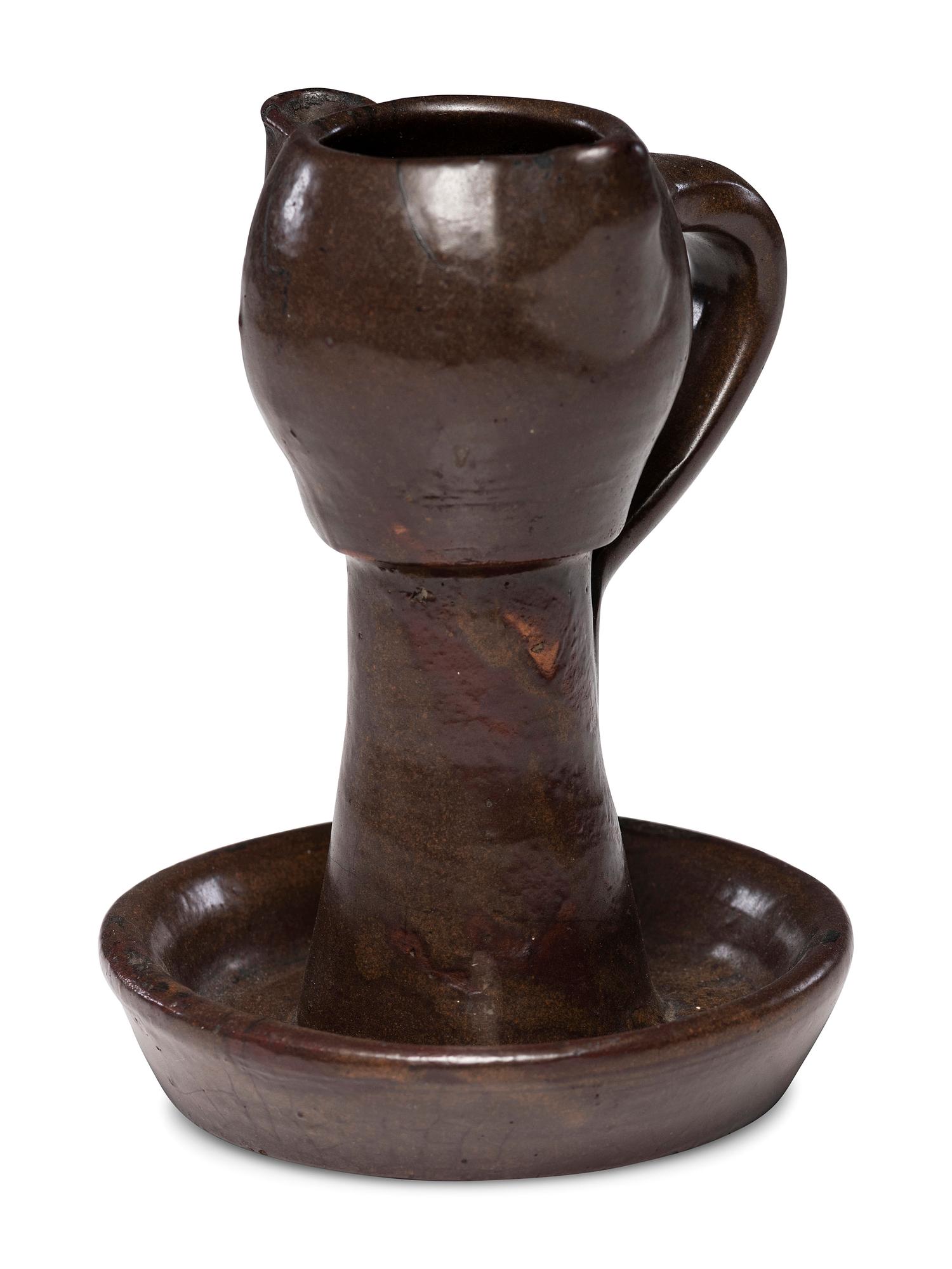 A Rare Double-Spouted Stoneware Grease Lamp, Attributed to Samuel Routson