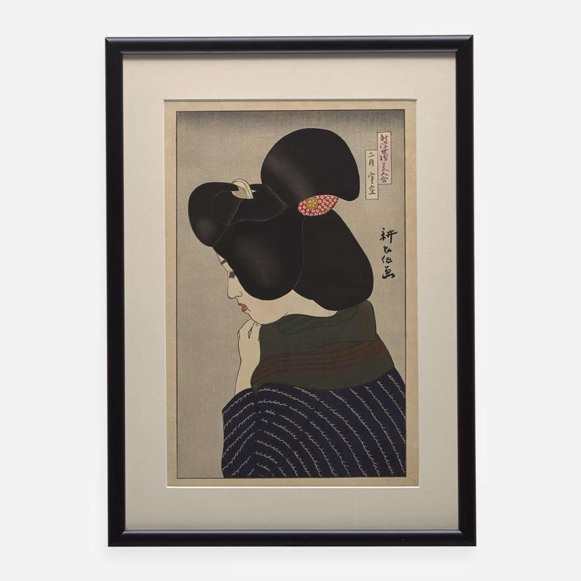 Five Japanese Bijin-ga woodblocks printed in colors 日本浮世绘五幅