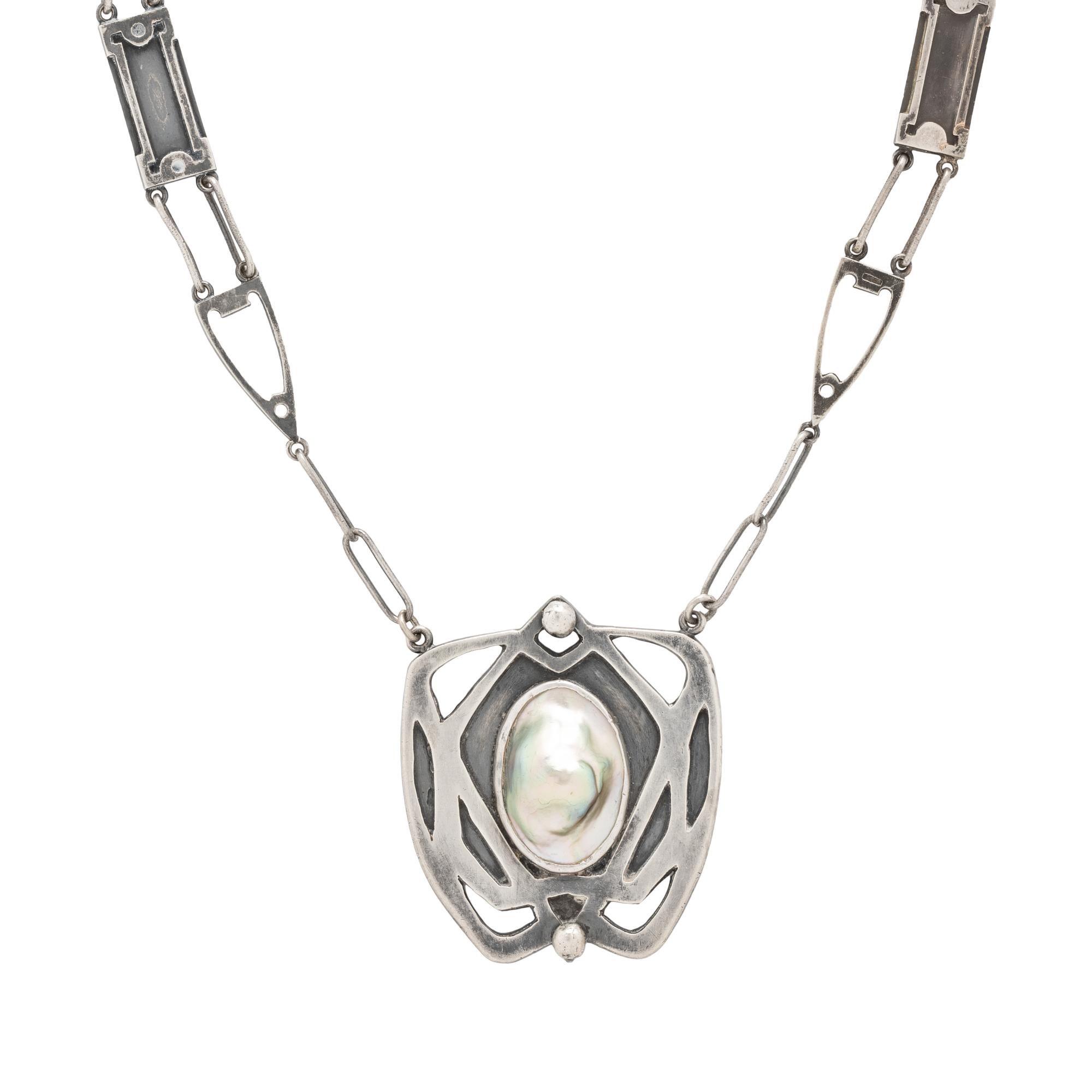 KALO SHOP, ARTS AND CRAFTS, STERLING SILVER AND BLISTER PEARL NECKLACE