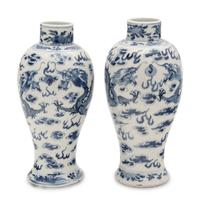 A Pair of Chinese Blue and White Porcelain Baluster Vases