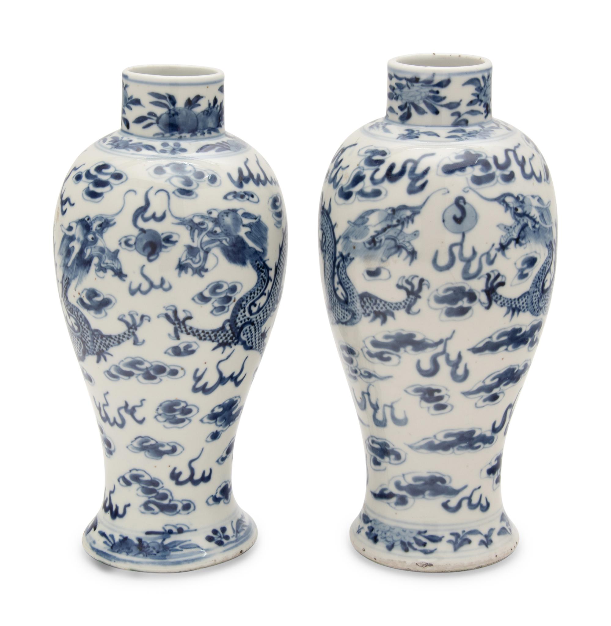 A Pair of Chinese Blue and White Porcelain Baluster Vases
