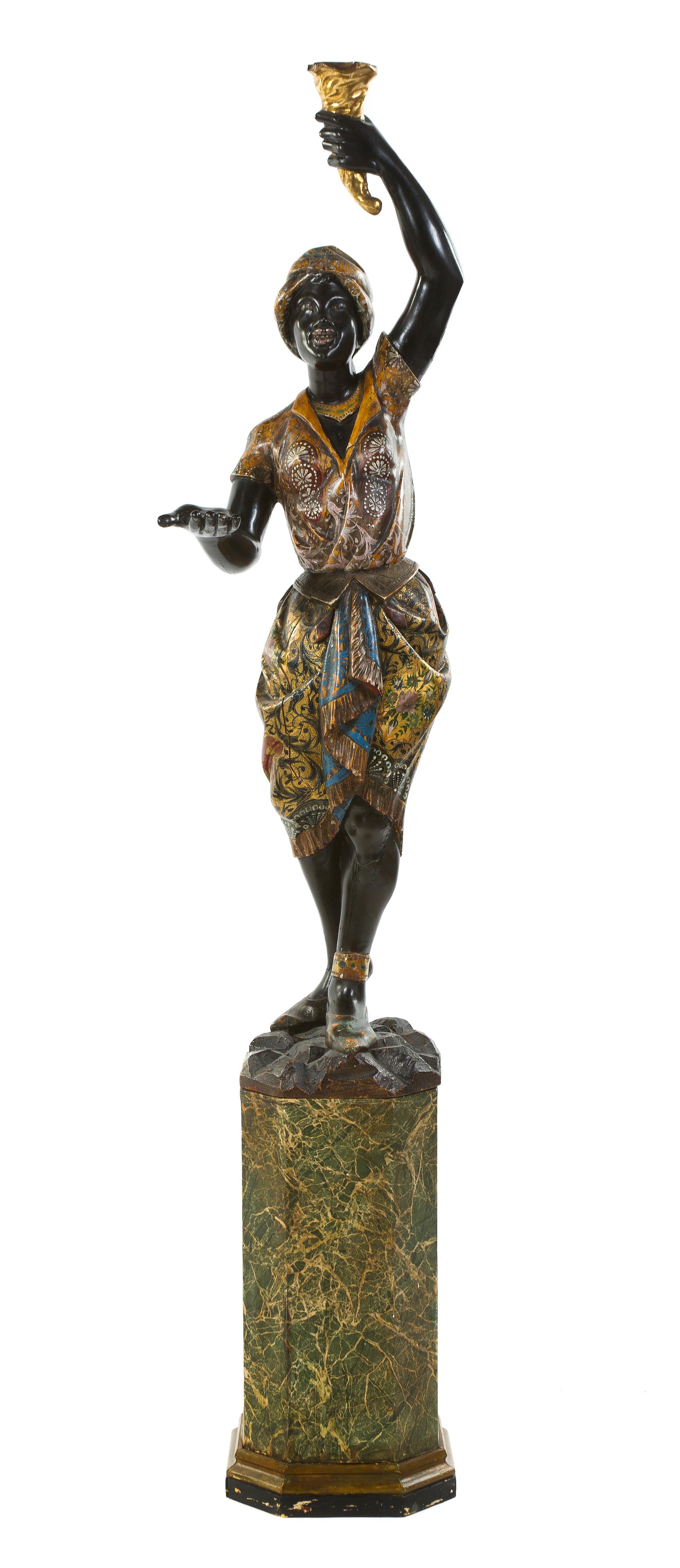 A Venetian Carved, Polychrome Painted and Giltwood Figure, Height overall 63 inches.