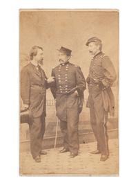[CIVIL WAR]. CDV featuring General Philip H. Sheridan, General James W. Forsyth, and an unknown civilian. New Orleans: T. Lilienthal, n.d.