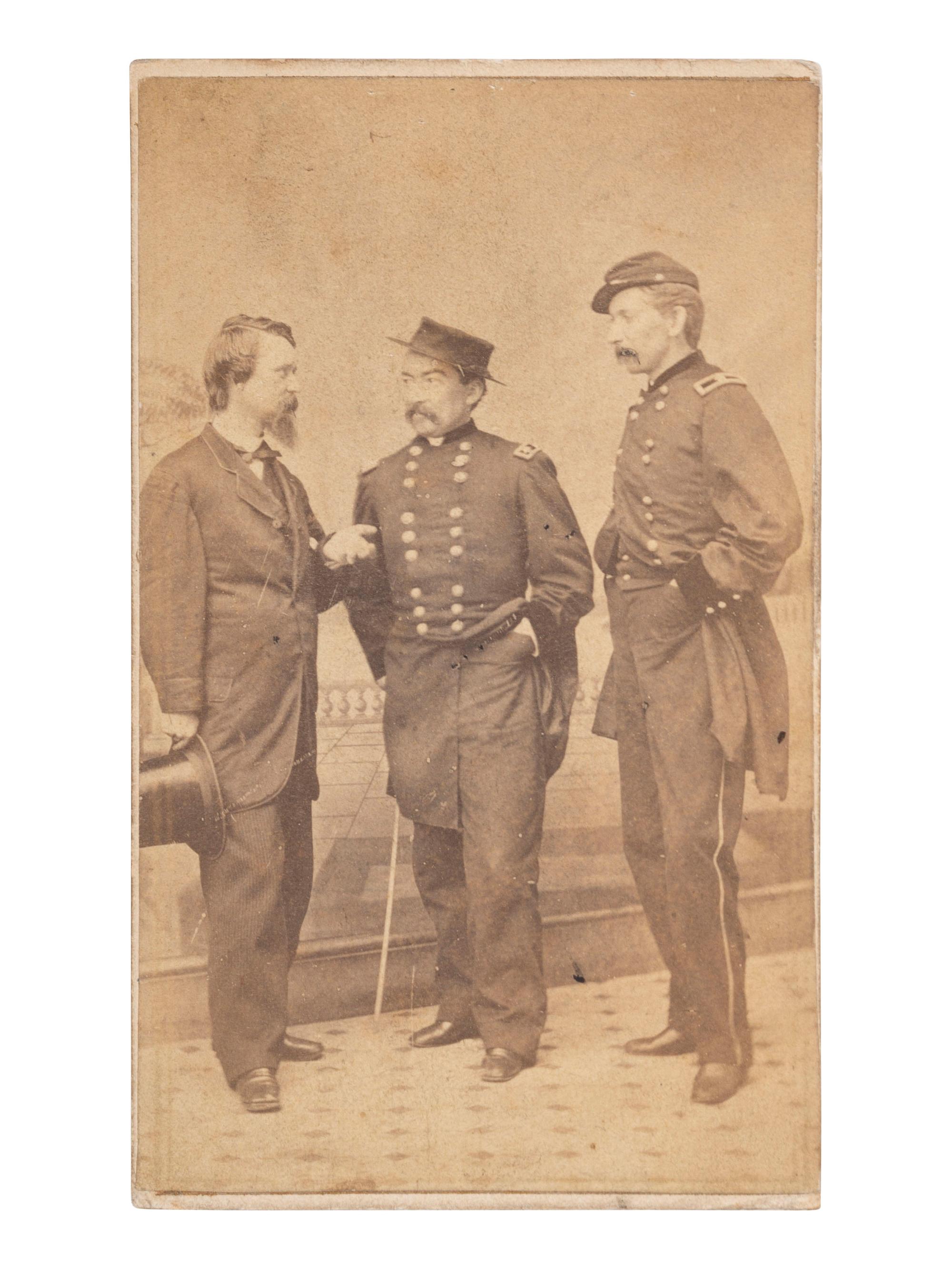 [CIVIL WAR]. CDV featuring General Philip H. Sheridan, General James W. Forsyth, and an unknown civilian. New Orleans: T. Lilienthal, n.d.