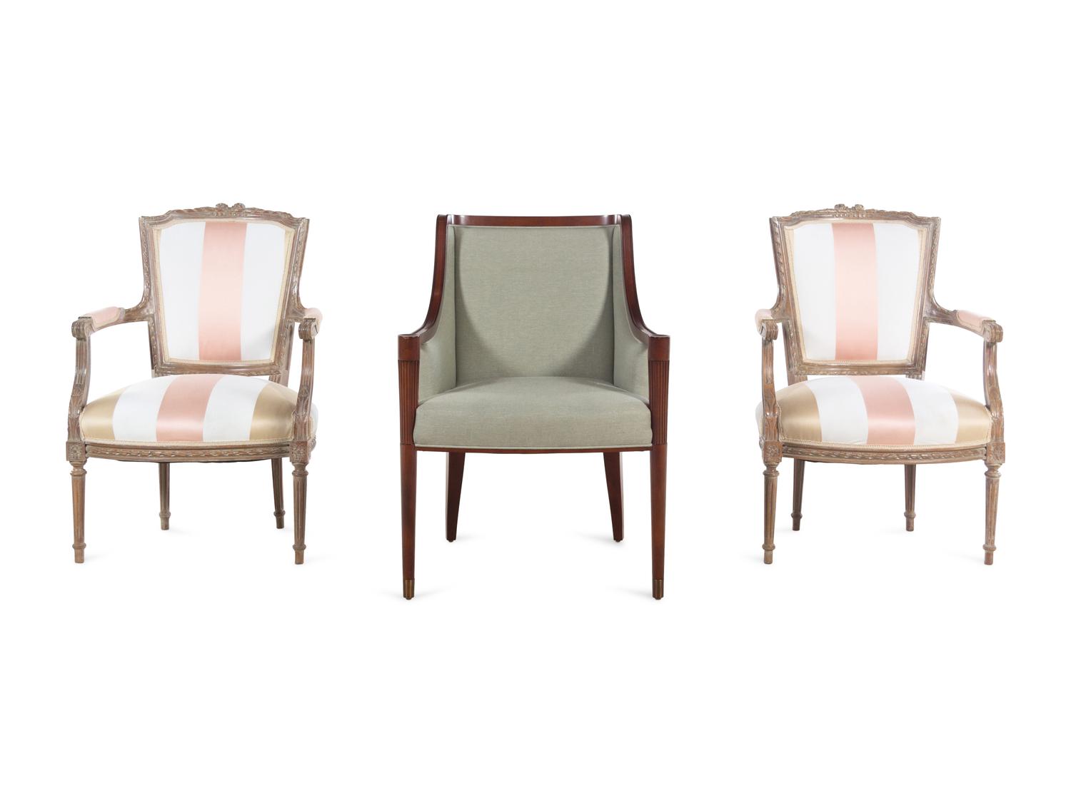 A Pair of Louis XVI Style Fauteuils and an Armchair with Reeded Legs