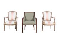 A Pair of Louis XVI Style Fauteuils and an Armchair with Reeded Legs