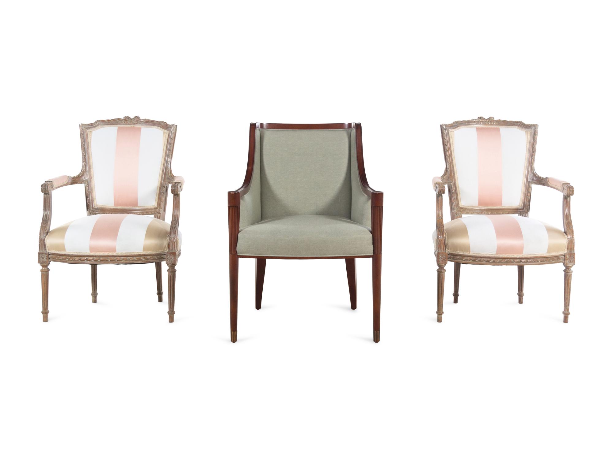 A Pair of Louis XVI Style Fauteuils and an Armchair with Reeded Legs