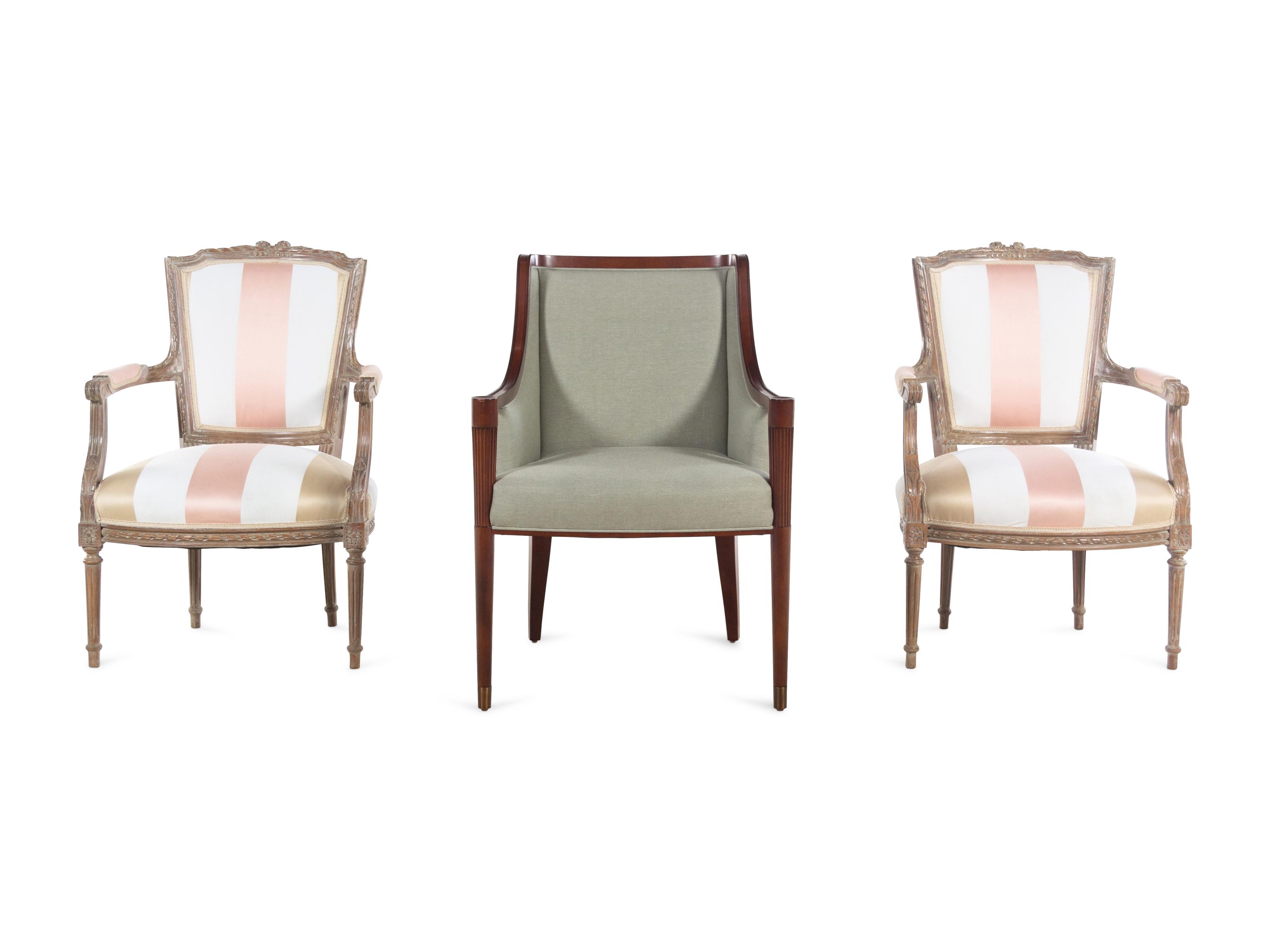 A Pair of Louis XVI Style Fauteuils and an Armchair with Reeded Legs