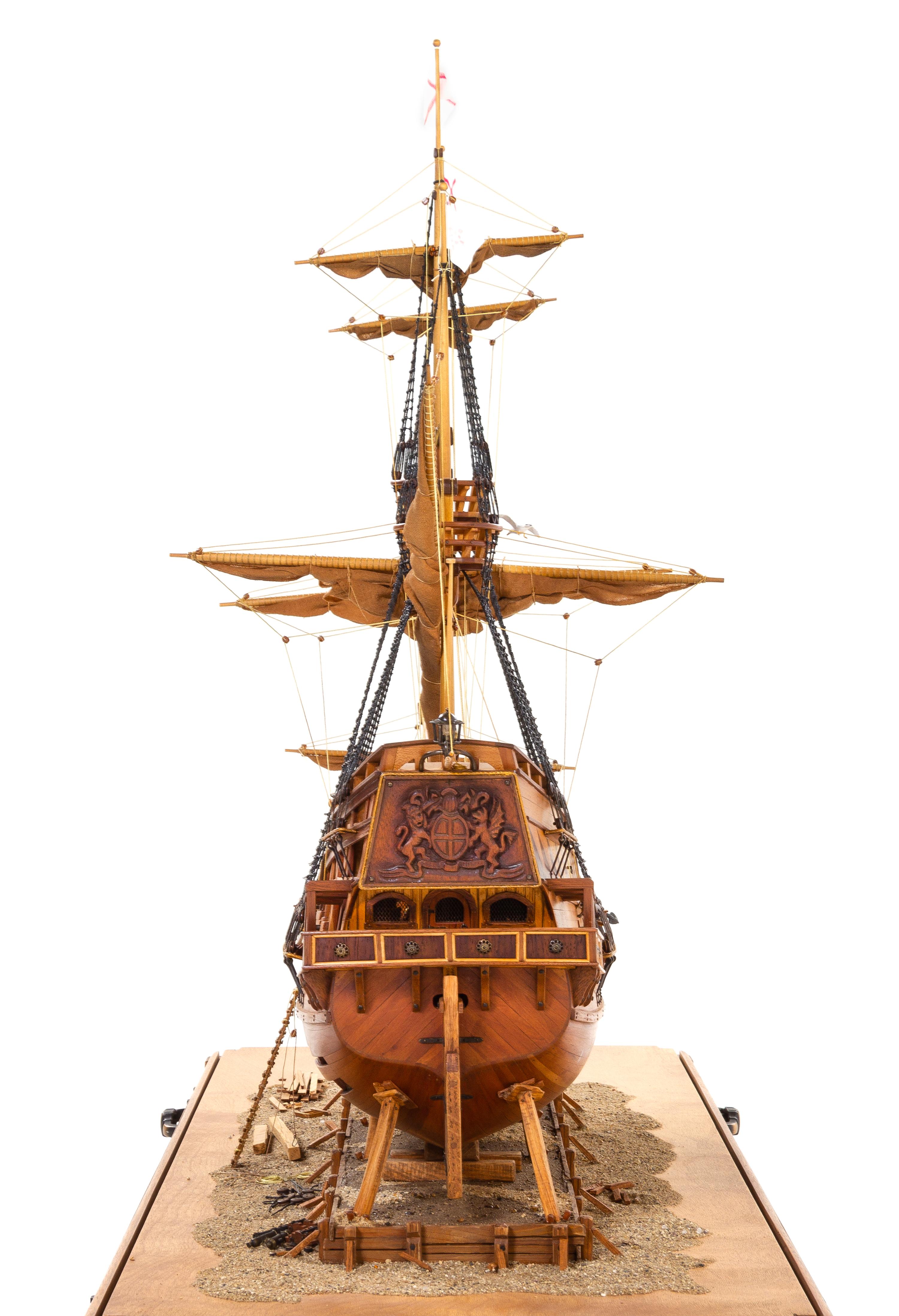 A Model of the "Golden Hind" Height of model 27 x length of case 35 3/4 inches.