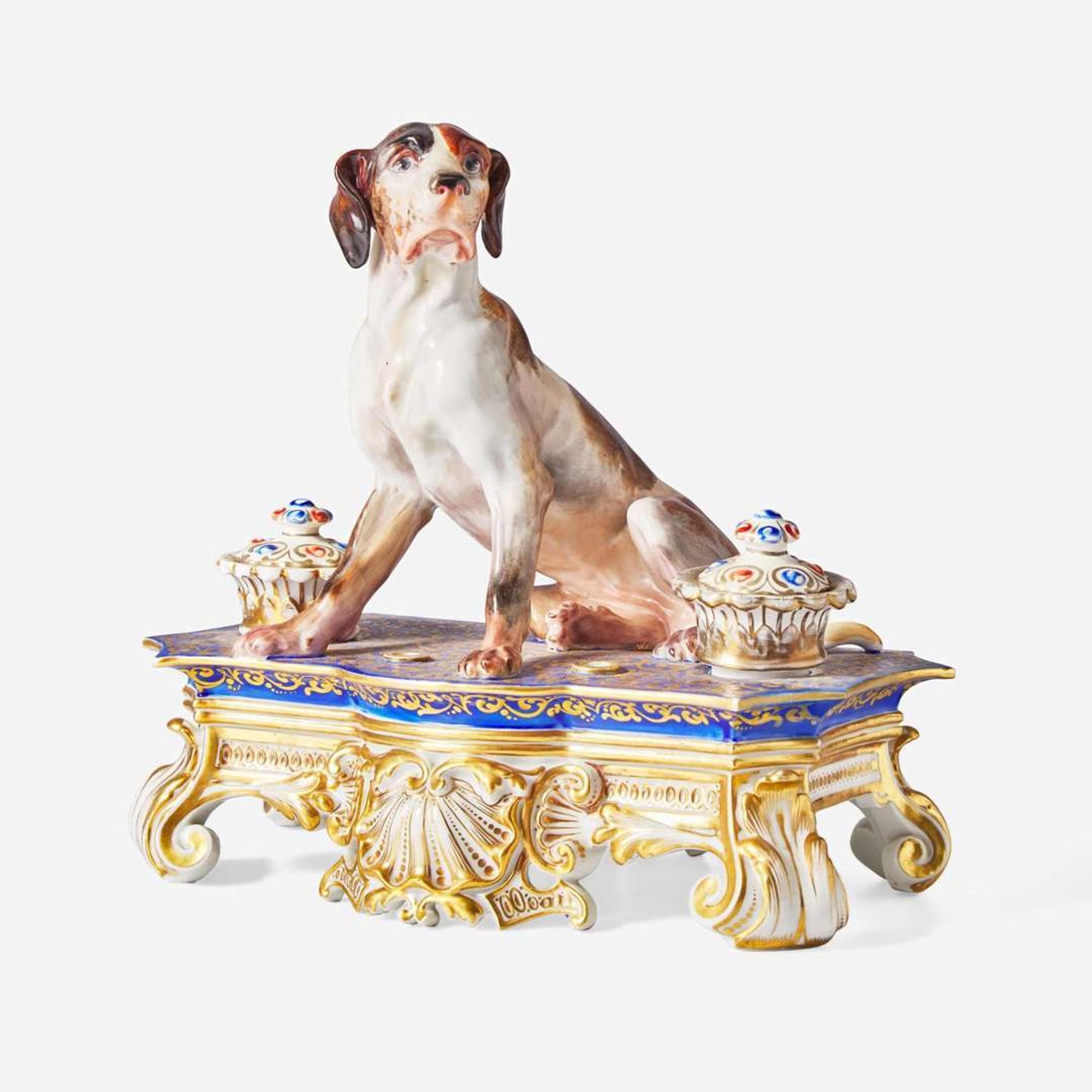 A French porcelain inkstand with hound Jacob Petit (French, 1797-1868), Paris, circa 1840
